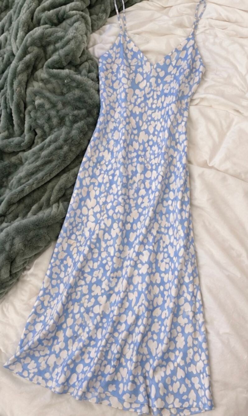 RESA Blue & White Heart Print Slip Dress Size Small Midi/Maxi